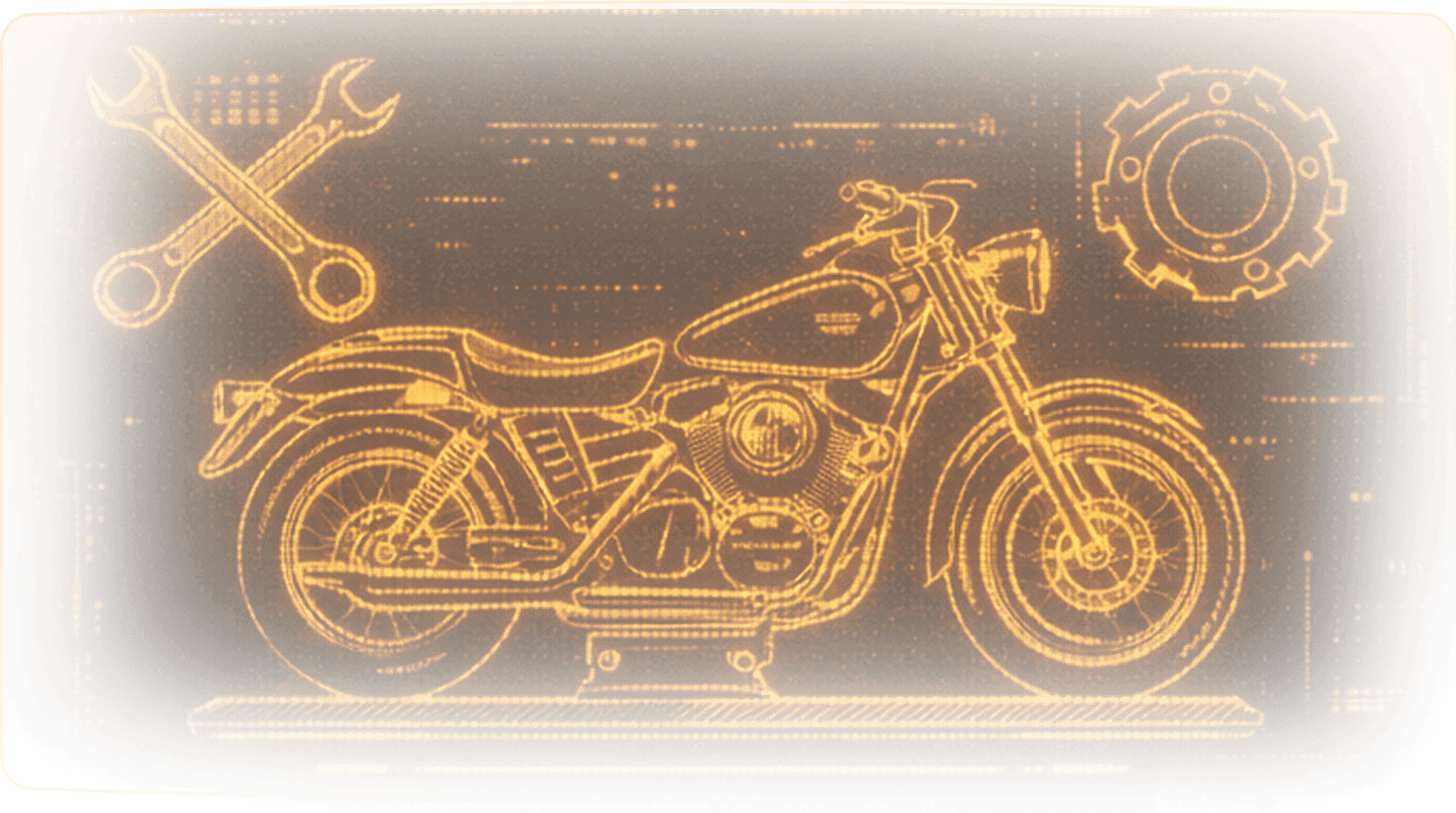 Wireframe motorcycle on a workshop stand with tools