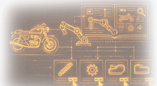 Wireframe motorcycle with procedural part callouts