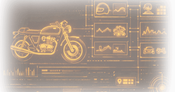Wireframe motorcycle paired with diagnostic dashboard icons