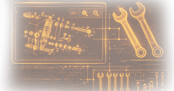 Exploded engine parts diagram with reference wrenches
